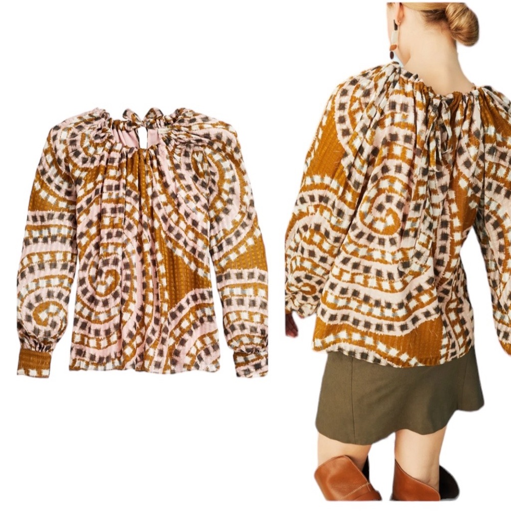 Marie Oliver Jenna Silk Blend Tapenade Mosaic Print Tie Back Blouse - M